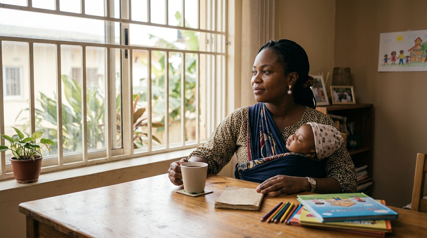 A mother sitting by a window with her baby in a wrap